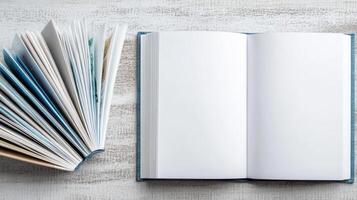 Open children book on table, inviting creativity and imagination photo