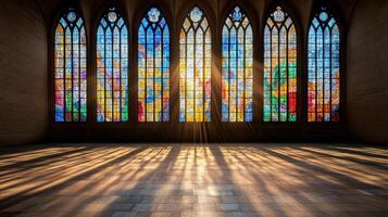 Richly colored stained glass windows in cathedral with sunlight photo