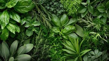 Richly flavored herbal garden with various green plants and herbs photo