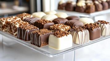 Richly flavored gourmet chocolate truffles on display, tempting and delightful photo