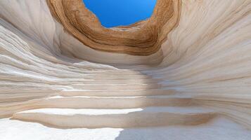 Richly layered geological formations in canyon with stairs photo
