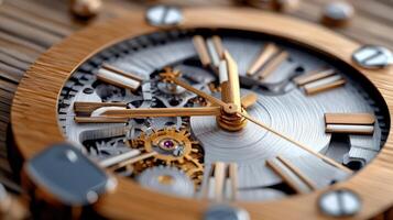 Richly detailed close up of vintage watch with wooden accents and gears photo
