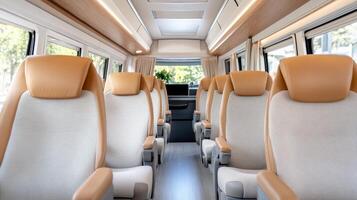 Luxurious bus interior with comfortable seating and modern design photo