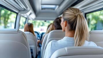 Travelers on bus enjoying scenic journey with diverse passengers photo