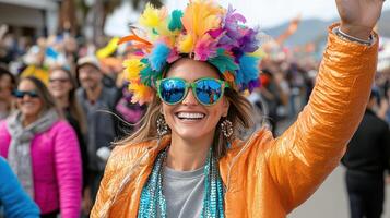 Colorful festival parade with joyful participants and vibrant costumes photo