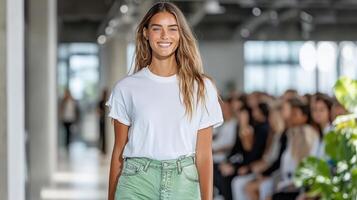 model walks confidently in casual outfit during fashion show photo