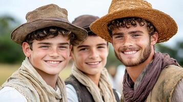 Historical reenactment with smiling young actors in vintage attire photo