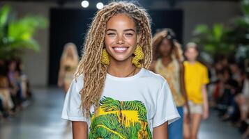 Smiling model showcasing vibrant fashion on runway with tropical design photo