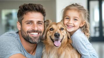 happy man and girl with dog, showcasing love and joy in home setting photo