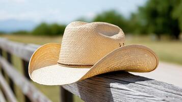 vintage cowboy hat resting on wooden fence in sunny landscape photo