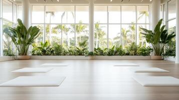 Bright yoga studio with mats and tropical plants, creating serene atmosphere photo