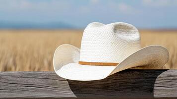 vintage cowboy hat resting on wooden fence in sunny field photo