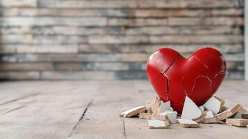 broken heart surrounded by shattered pieces on wooden floor evokes deep emotions photo