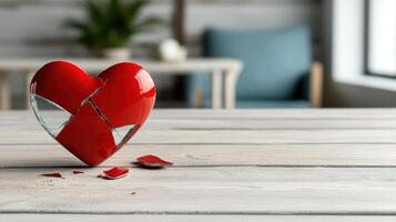 broken red heart with shattered glass pieces on wooden table evokes deep emotions photo