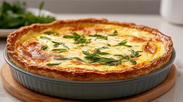 delicious breakfast quiche with golden crust and fresh herbs photo