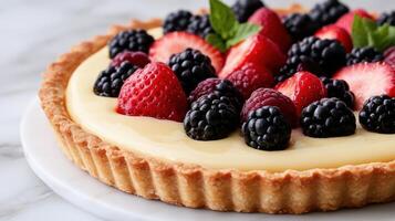 Fresh fruit tart with flaky crust topped with berries and mint leaves photo
