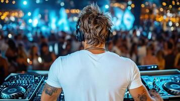 DJ performing at vibrant nightclub, surrounded by lively crowd photo