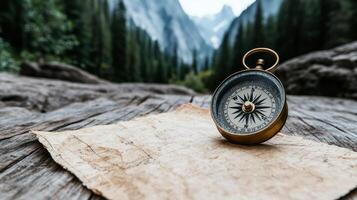 close up of compass on map, guiding way through nature beauty photo
