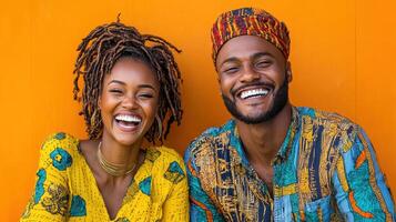 Joyful couple laughing together against vibrant orange background photo