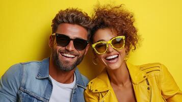 Bright couple wearing sunglasses and smiling against yellow background photo