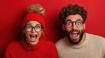 Surprised couple expressing joy against bold red background photo