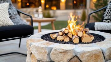 Cozy fire pit with logs and flames, perfect for gatherings at dusk photo