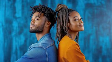 couple sitting back to back, smiling against blue background photo