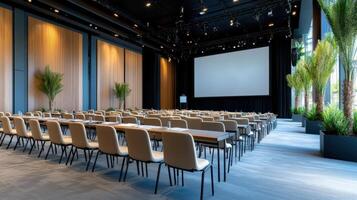 Modern conference room with rows of chairs and large screen photo