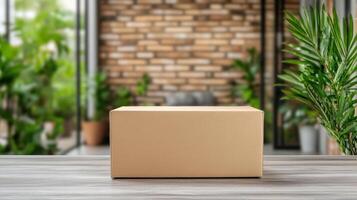 delivery box on table in modern indoor setting with plants photo