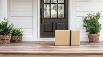 delivery box carefully placed on porch, surrounded by greenery photo