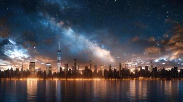 stunning city skyline at night, illuminated by stars and reflections photo