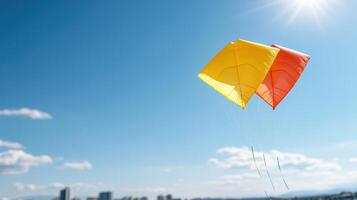 Colorful kites soaring in bright blue sky, creating joyful atmosphere photo