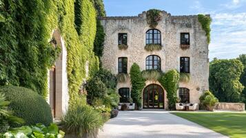 stunning medieval castle with lush greenery and beautiful landscaping photo