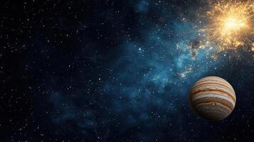stunning space scene featuring planet, stars, and glowing sun photo