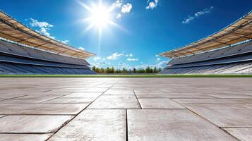 bright stadium with clear sky and sun shining down on field photo