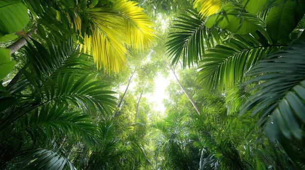 Lush tropical rainforest with vibrant green foliage and sunlight filtering through photo