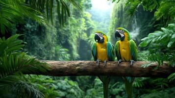 Tropical rainforest with vibrant parrots perched on branch, lush greenery surrounds photo