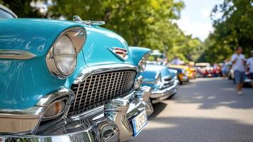 Classic vintage cars lined up at car show, showcasing their beauty and charm photo