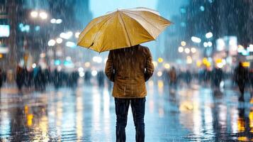 figure standing in rain with yellow umbrella, looking lost photo