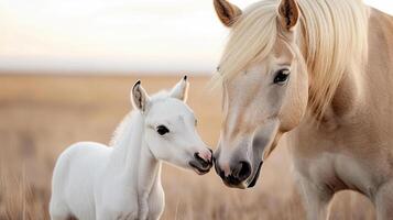 foal playing with its mother in serene field at sunset photo