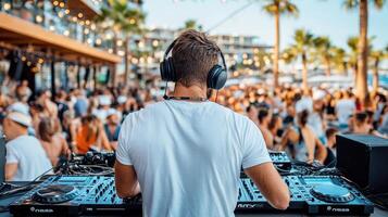 DJ performing at lively outdoor night club with crowd enjoying music photo