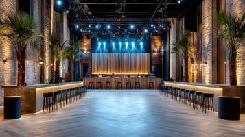 spacious night club with dance floor, bar, and palm trees photo