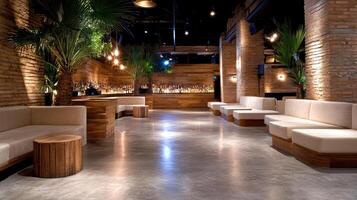 Modern lounge with wooden decor and palm plants, perfect for relaxation photo