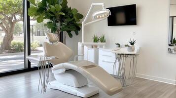 modern dental office with comfortable chair and plants photo
