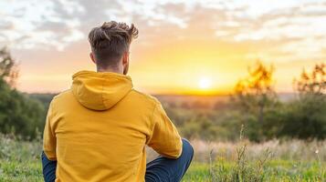person looking at sunset, reflecting on life in serene moment photo