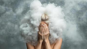 person with heavy heart covered in clouds, expressing deep emotions photo