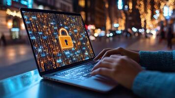 Person using laptop with digital lock icon, symbolizing security photo