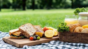 picnic lunch with sandwiches, fruits, and refreshing lemonade in sunny park photo