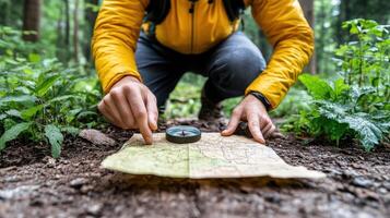 Exploring wilderness with map and compass, focused on navigation photo