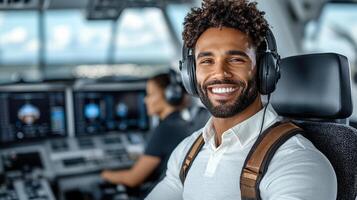 Pilot smiling in cockpit with headphones, preparing for flight photo